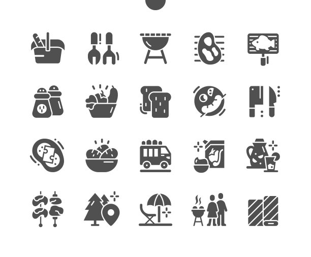 野餐的元素。烧烤餐具。假期，户外，假期和周末。烧烤食物和烹饪。旅游拖车。矢量立体图标。简单的象形图图片下载