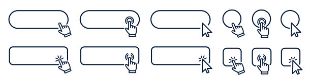 点击光标设置按钮与手指针点击。点击这里网页按钮标志。孤立的网站购买或注册栏图标与手手指箭头点击光标-股票图片下载