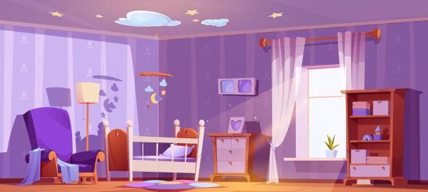 幼儿园室内设计有婴儿床，玩具，扶手椅图片下载