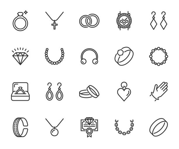 矢量集珠宝线图标。包含图标戒指，钻石，耳环，手镯，项链，链，吊坠和更多。像素完美。图片下载