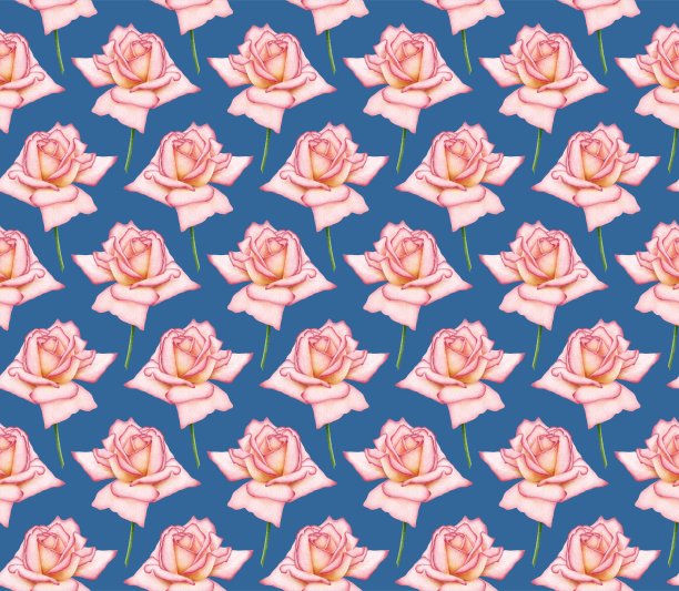 蓝色无缝背景与盛开的数字水彩粉红玫瑰图片下载