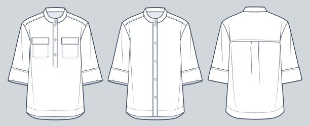 一套带领衬衫技术时尚插图。短袖衬衫时尚平面技术图纸模板，纽扣，超大，前后视图，白色，女性，男性，男女通用的CAD模型集。图片下载