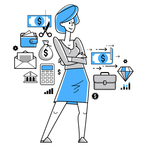 女企业家分析和组织金融交易矢量概要说明，女企业家公司领导工作在一些商业项目。图片下载