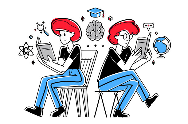 教育在大学或学院，学生做作业或准备考试，矢量大纲插图，学习科学和毕业。图片下载