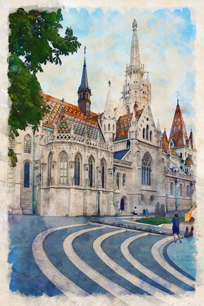 匈牙利布达佩斯的马提亚教堂(又名布达城堡升天教堂)。水彩画、建筑素描。图片下载