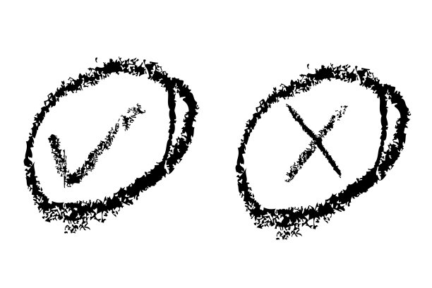 矢量蜡笔素描真假符号，孤立在白色上图片下载