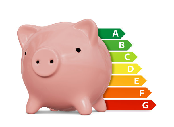 有节能课程的粉色存钱罐。欧盟能源标签图片下载