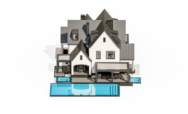 白色和黑色的现代都铎式房子孤立在白色的3d渲染图片下载