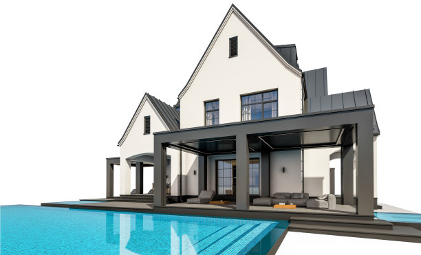 白色和黑色的现代都铎式房子孤立在白色的3d渲染图片下载