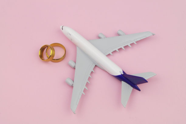 两枚金婚戒和粉色背景的飞机。图片下载
