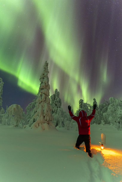 在森林里的人与北极光(北极光)图片下载