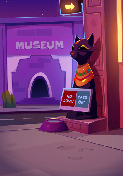 夜城街道上有猫雕像和博物馆图片下载