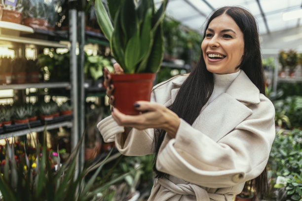 年轻女子在园艺中心买花图片下载
