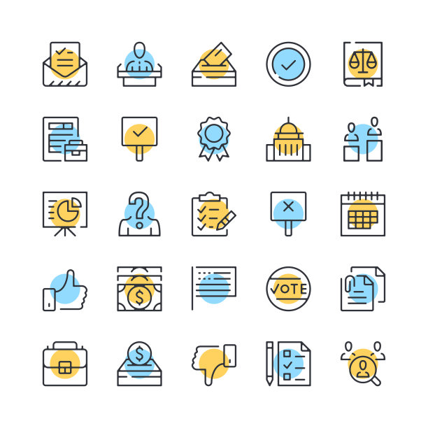投票线图标。选举图标集。黑色、蓝色和黄色。现代线性轮廓图形设计。矢量线图标集图片下载