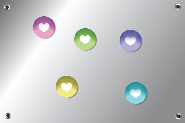 彩色玻璃心磁体在银别针板背景表面与torx螺丝图片下载