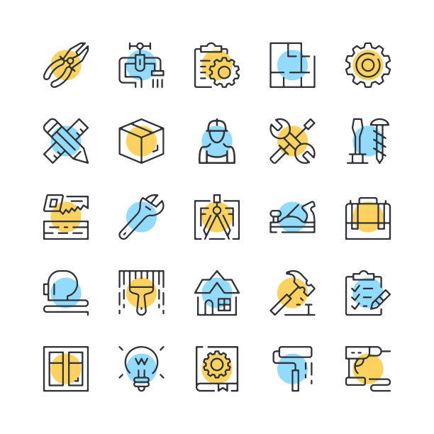家庭维修线图标。一套家居装修图标。黑色、蓝色和黄色。现代线性轮廓图形设计。矢量线图标集图片下载