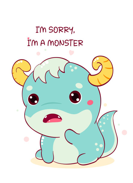 道歉卡上有悲伤可爱的小怪物。对不起，我是个怪物。可爱的小怪物道歉图片下载