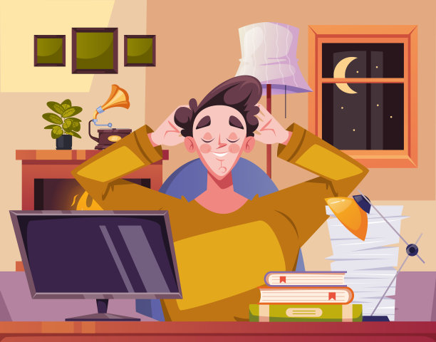 人们工作到深夜，在家里的办公室电脑桌的房间概念。矢量图形设计说明图片下载