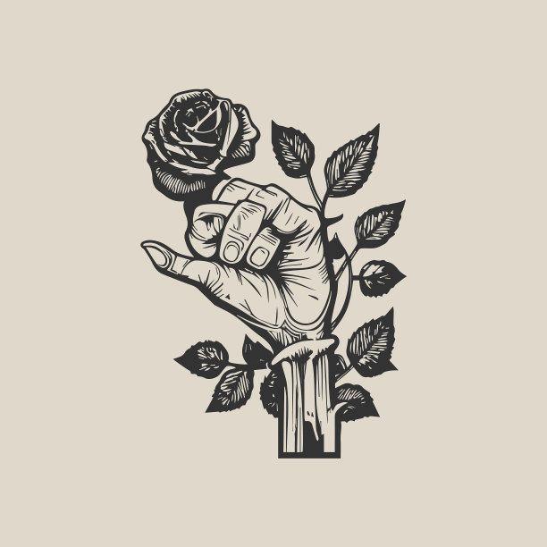 纹身骨架的插图手拿玫瑰背景矢量插图图片下载
