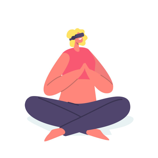 戴着虚拟现实眼镜的女性角色在白色背景下练习瑜伽。身临其境的体验图片下载