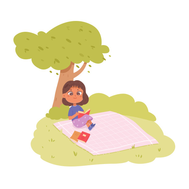 可爱的孩子在图书馆看书，小学生在学习，坐在树下的毯子上图片下载