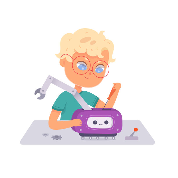 可爱的孩子在学校做玩具机器人，科学项目，研究和机器人建造图片下载