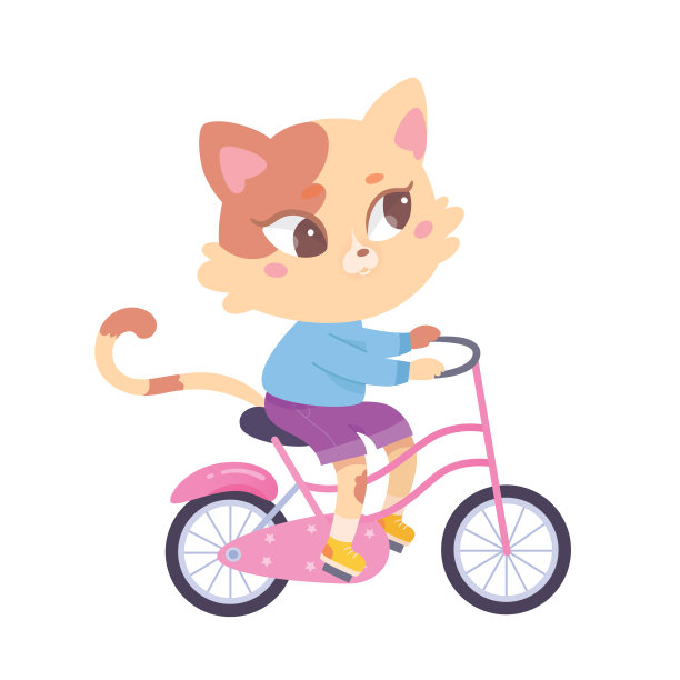 可爱的猫骑自行车，有趣的猫骑自行车坐在粉红色的自行车有两个轮子骑图片下载