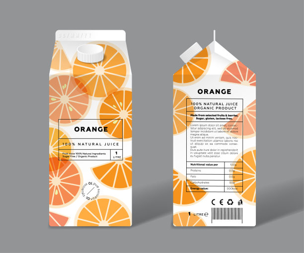 橙汁。模板包装设计。透明水果切片或对半食用。图片下载