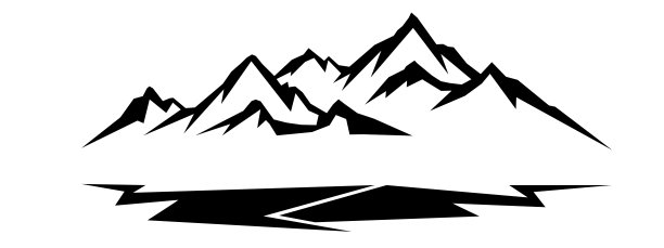 黑色剪影山峰岩石和冷杉树露营冒险户外景观全景插图图标矢量为标志，孤立在白色背景图片下载