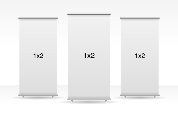 一套3个空的stand或rollup的横幅显示模型孤立的白色背景。演示或展览产品的展示模型。垂直空白卷起来站模板在1x2尺寸。图片下载