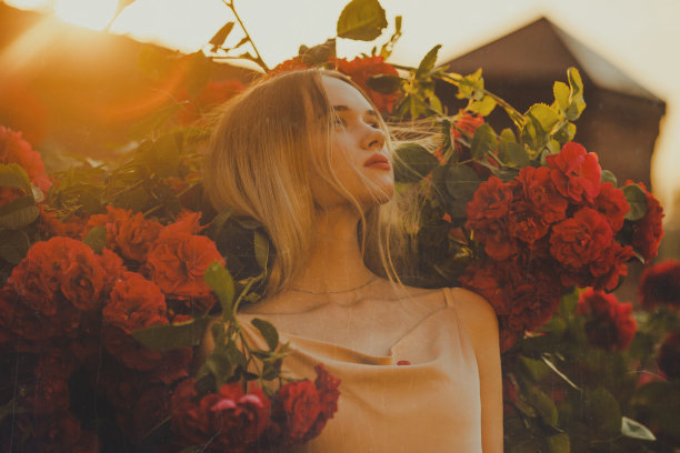 复古的风格。金发女人是玫瑰花园图片下载
