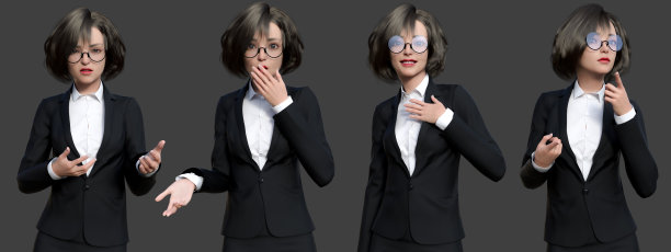 一组美丽的女商人的肖像，在黑色背景上显示出不同的情绪。三维插图绘制图片下载