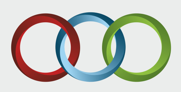 三个红、蓝、绿交织在一起的戒指。交错的三维符号。孤立在灰色，容易采摘。矢量插图。图片下载