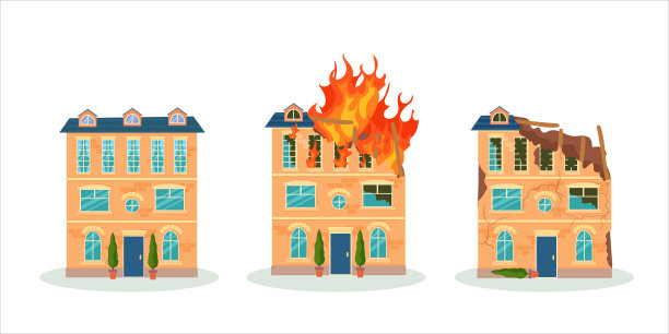 火灾或地震后被摧毁的建筑物。战后被毁的城市建筑。残破的城市，破旧不堪的房屋。矢量插图隔离在白色背景上。图片下载