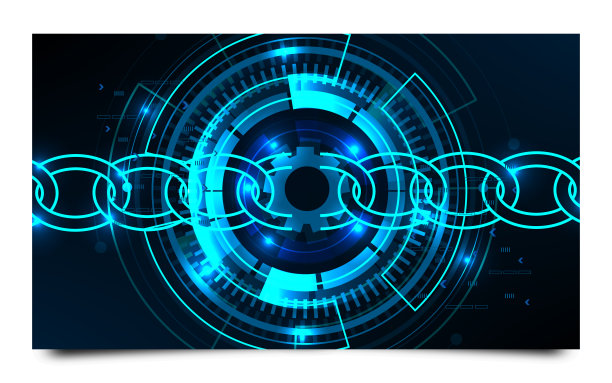 蓝色背景上的三个对角线数字链。区块链技术概念图片下载