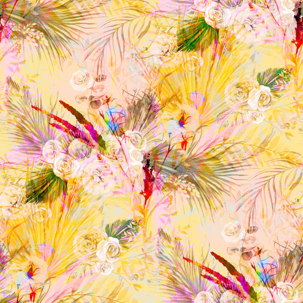 无缝的夏季模式与热带棕榈树枝和叶子折叠成一个植物标本室与玫瑰花图片下载