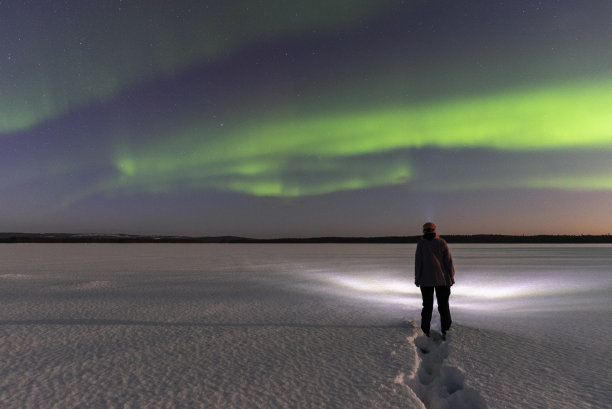 女子在冰湖上欣赏北极光图片下载