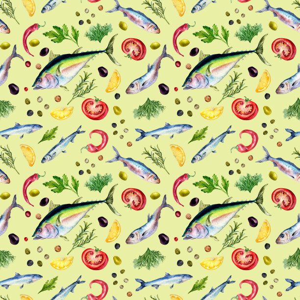 无缝图案的金枪鱼，沙丁鱼和草药水彩隔离在绿色。图片下载