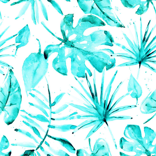水彩无缝热带图案与棕榈叶。夏季设计为蓝色的纺织品印花，页面填充，包装纸，网页图片下载