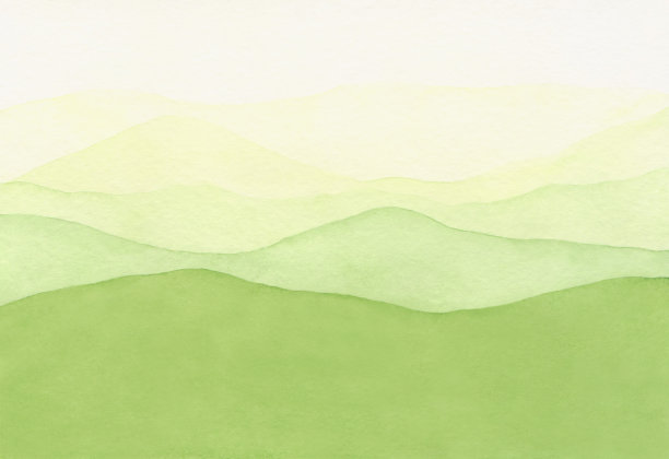 浅绿色水彩抽象纹理背景与全景草地和山丘。图片下载