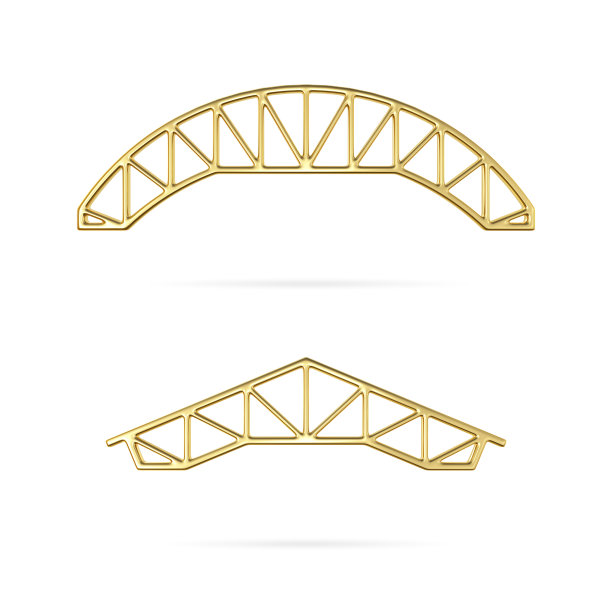 金色金属桁架图标。屋顶金属桁架结构。一套屋顶钢架。三维建筑蓝图。三维椽子符号。工程教育插图。三维渲染图片下载