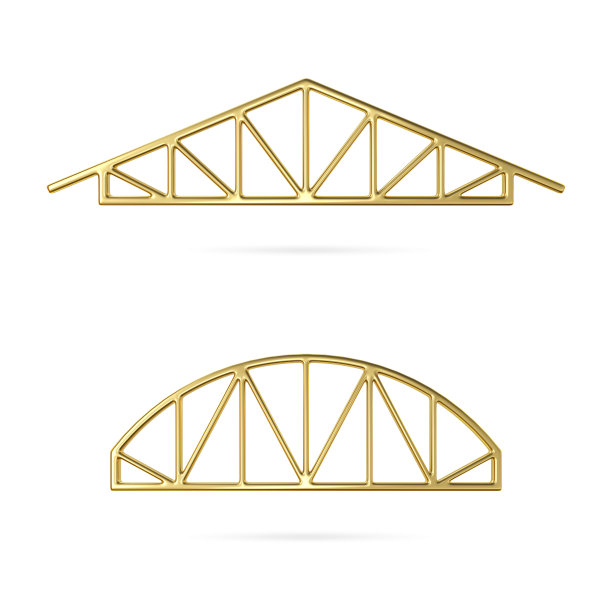 金色金属桁架图标。屋顶金属桁架结构。一套屋顶钢架。三维建筑蓝图。三维椽子符号。工程教育插图。三维渲染图片下载