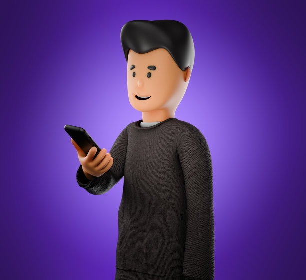 一个卡通人物正在使用智能手机。孤立在紫色梯度背景图片下载