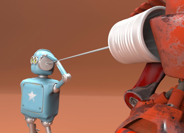两个机器人用铁罐电话聊天。三维渲染图片下载