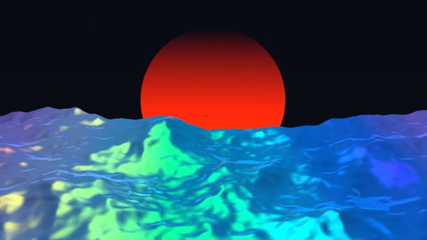 太阳背景下的绿松石波浪，抽象的未来主义场景。3 d渲染。图片下载