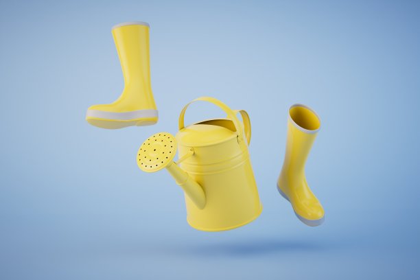 园艺的概念。蓝色背景的橡胶靴和喷壶。三维渲染图片下载