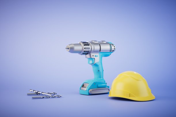 修复工具。蓝色背景的电钻、钻头和防护头盔。三维渲染图片下载