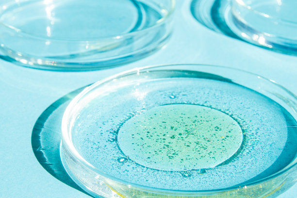 培养皿中。装有液体的皮氏杯。化学元素、油脂、化妆品。凝胶，水，分子，病毒。特写镜头。在蓝色的背景上。图片下载