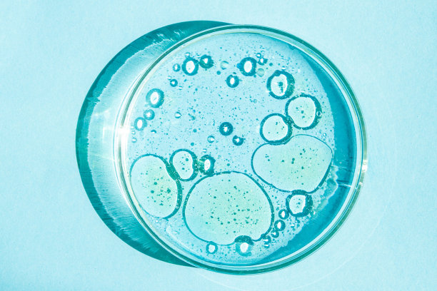 培养皿中。装有液体的皮氏杯。化学元素、油脂、化妆品。凝胶，水，分子，病毒。特写镜头。在蓝色的背景上。图片下载