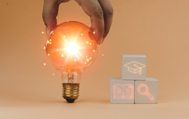 灯泡和木块上学习的图标的好主意。教育学习理念图片下载